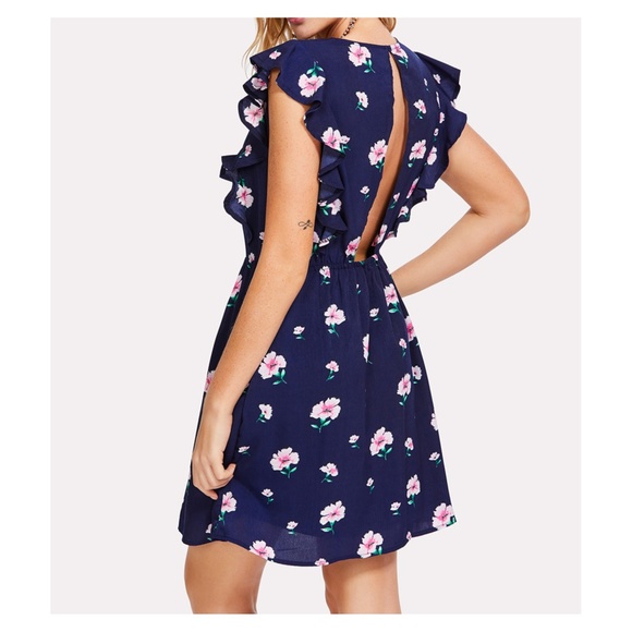 Blue Floral Ruffle Open Back Dress - Picture 2 of 5